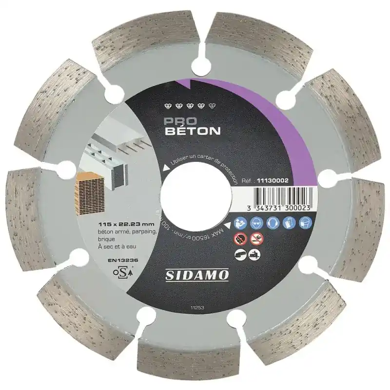 Disque Diamant à segment 115 mm / Alesage 22,23 mm PRO BETON Tronçonnage béton SIDAMO 11130002 Satisfait Ou Remboursé