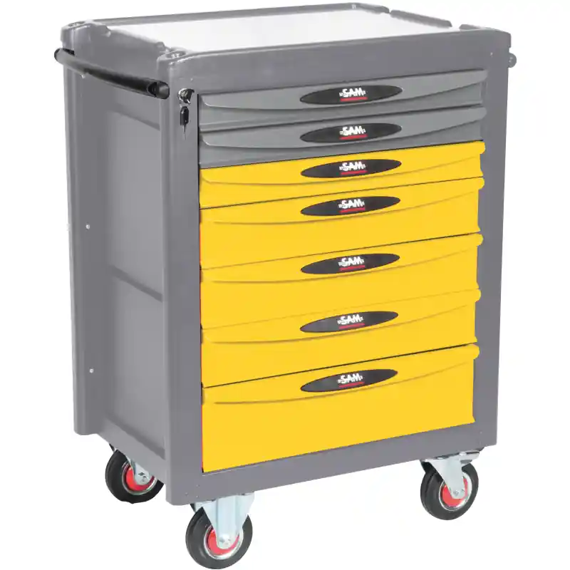 Promotion Saisonnière Servante 40 - 7 Tiroirs - Jaune Et Grise - Plateau Aluminium SAM Outillage - SERVI-740-R