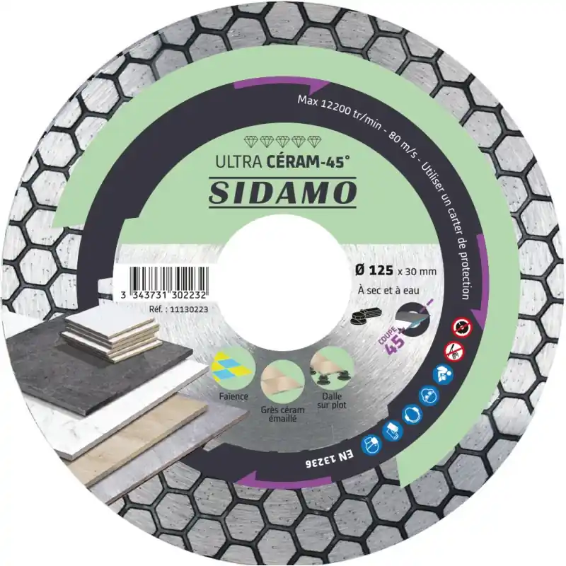 Disque Diamant ULTRA CERAM 45° Ø125mm Spécial Coupe à 45° et Onglets SIDAMO - 11130223 Dernier Modèle