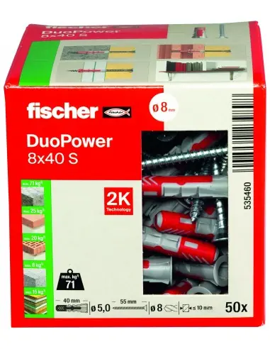 Cheville bi-matière DuoPower 8x40 S avec vis (x50) 535460 - Fischer Dernier Modèle