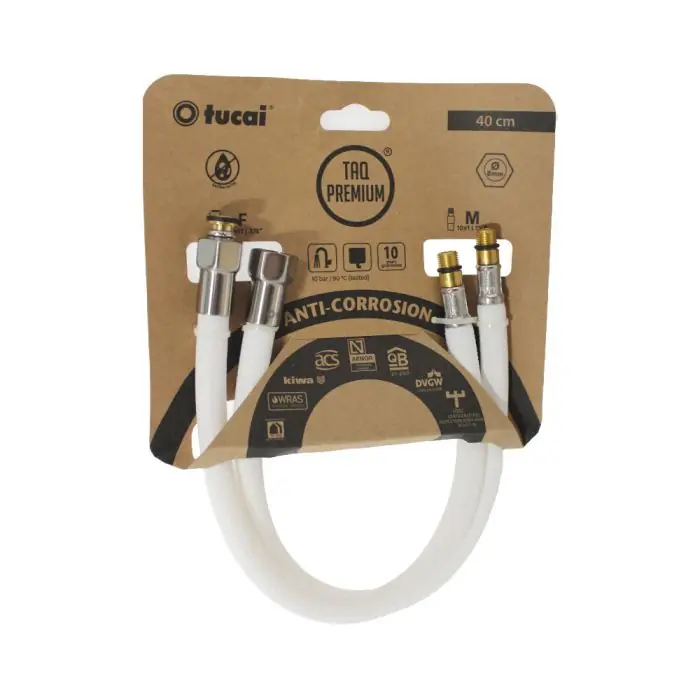 Super Prix 2 Flexibles sanitaires BLANC POLYMÈRE Øintér.8mm – Femelle 3/8&Prime; ACIER BROSSÉ – Mâle M10x1 – 400mm – TAQ PREMIUM