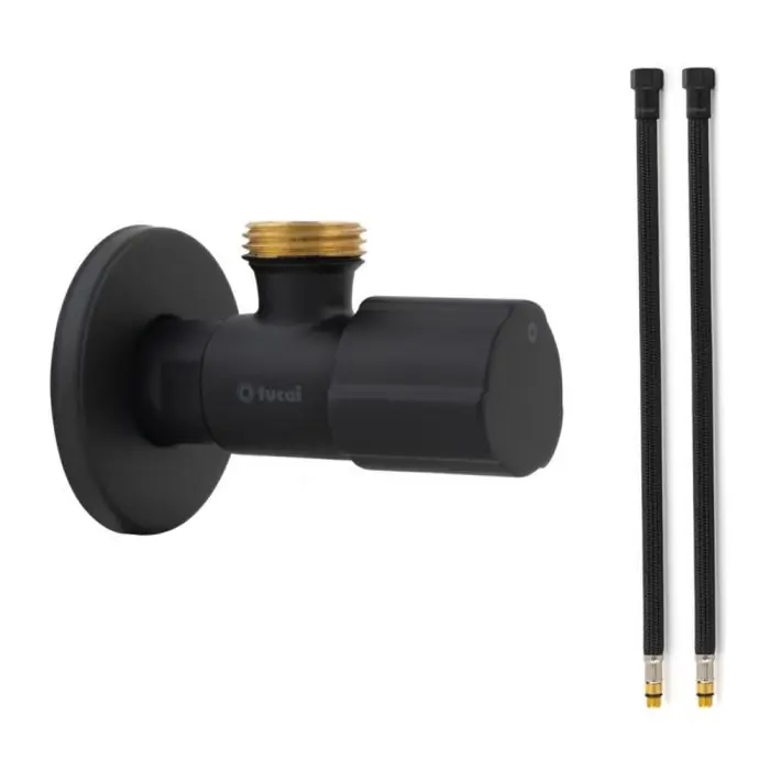 Robinet ACS NOIR MAT – M 1/2&Prime;/M 1/2&Prime; + 2 Flexibles 400mm NOIR POLYMÈRE Øintér.8mm – F 1/2&Prime; M10X1 – Tucai Dernier Modèle