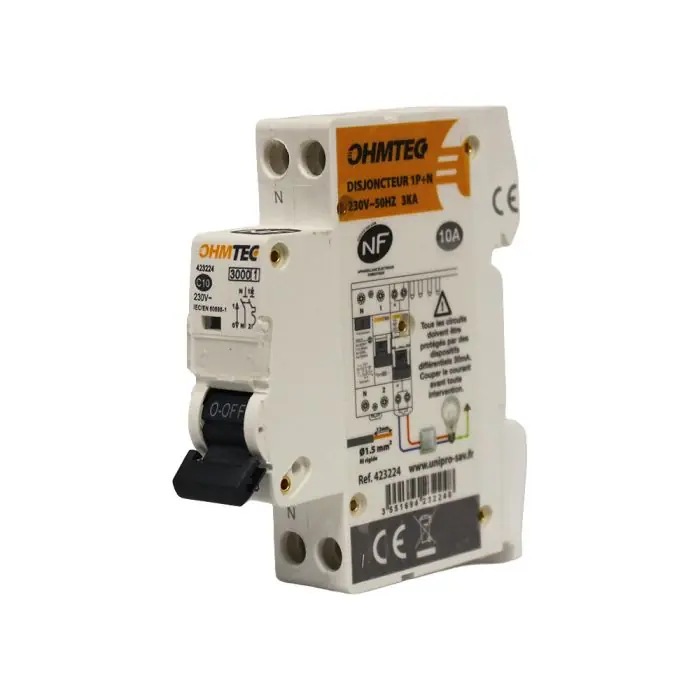Disjoncteur à vis NF - 1P+N 10A 3kA Courbe C - OHMTEC - IICSEN Remise