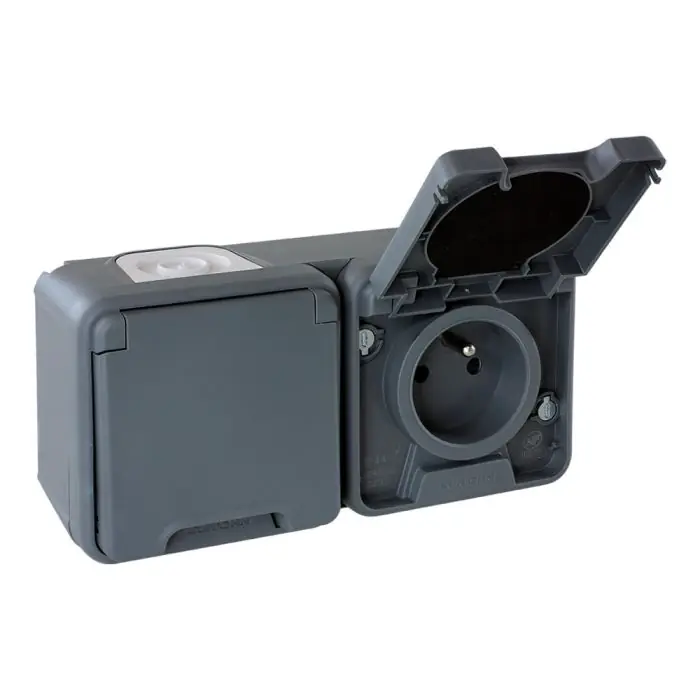 Promotion Double Prise horizontale 2P+T complet - IP44 - OXXO Gris - Eur‘Ohm