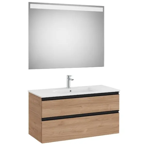 Solde Pack meuble "The Gap" 1000 - 2 tiroirs + lavabo slim + miroir LED - noyer/poignées noires - Roca