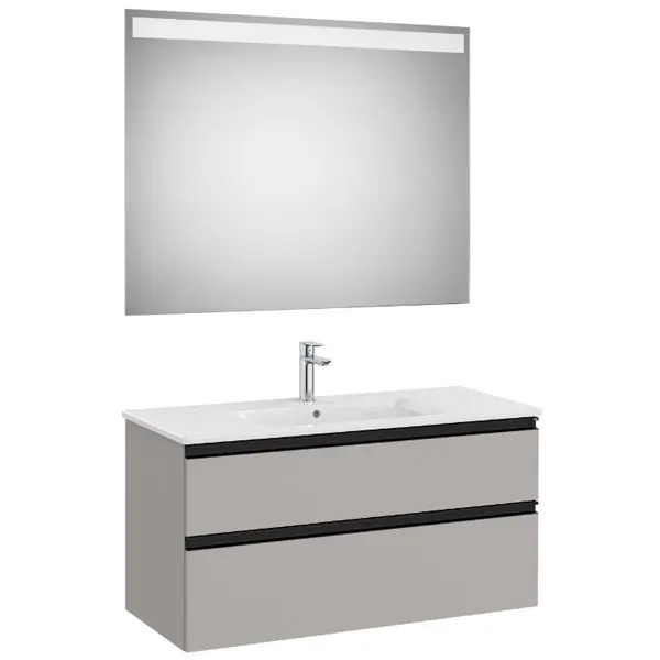 Pack meuble "The Gap" 1000 - 2 tiroirs + lavabo slim + miroir LED - gris moyen mat/poignées noires - Roca Jusqu'à Épuisement Des Stocks