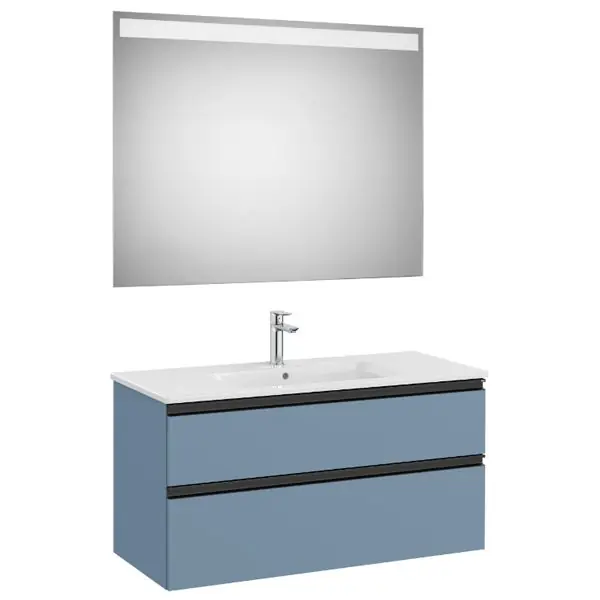 Pack meuble "The Gap" 1000 - 2 tiroirs + lavabo slim + miroir LED - bleu mat/ poignées noires - Roca Prix Bas