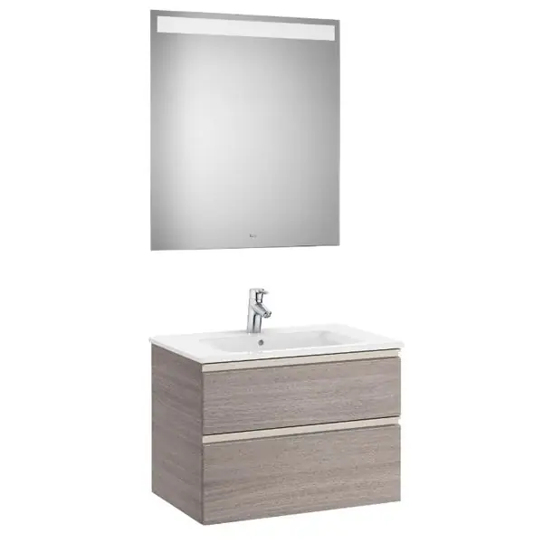 Pas Cher Pack meuble "The Gap" 700 - 2 tiroirs + lavabo slim + miroir LED - city oak/poignées nickel mat - Roca