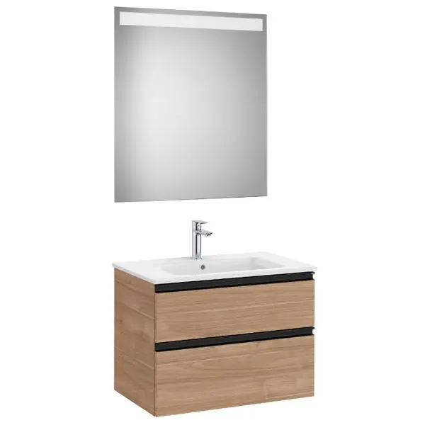 Quantité Limitée Pack meuble "The Gap" 700 - 2 tiroirs + lavabo slim + miroir LED - noyer/poignées noires - Roca