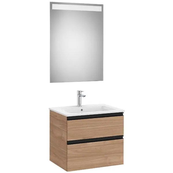 Pack meuble "The Gap" 600 - 2 tiroirs + lavabo slim + miroir LED - noyer/poignées noires - Roca Commander Maintenant
