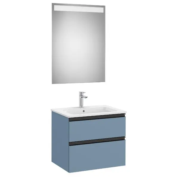 Acheter En Ligne Pack meuble « The Gap » 600 – 2 tiroirs + lavabo slim + miroir LED – bleu mat/ poignées noires – Roca