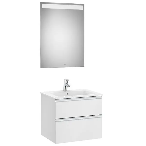 Pack meuble "The Gap" 600 - 2 tiroirs + lavabo slim + miroir LED - blanc brillant/poignées alu brillantes - roca Prix Promo