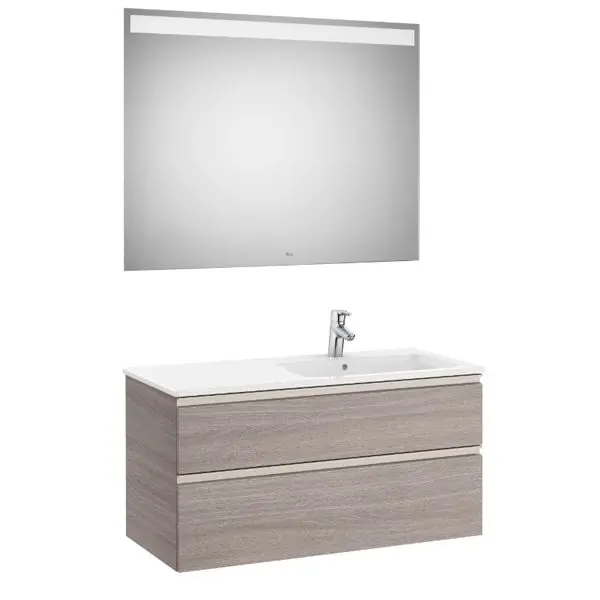 Pack meuble "The Gap" 1000 - 2 tiroirs + lavabo slim droite + miroir LED - city oak/poignées nickel mat - Roca Prix Bas