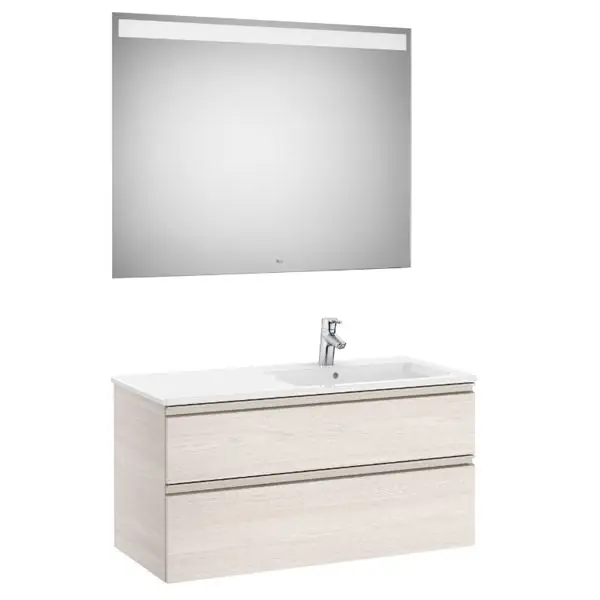 Acheter En Ligne Pack meuble « The Gap » 1000 – 2 tiroirs + lavabo slim droite + miroir LED – frêne nordic/poignées nickel mat – Roca