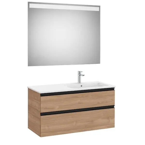 Expédié Aujourd'hui Pack meuble "The Gap" 1000 - 2 tiroirs + lavabo slim droite + miroir LED - noyer/poignées noires - Roca