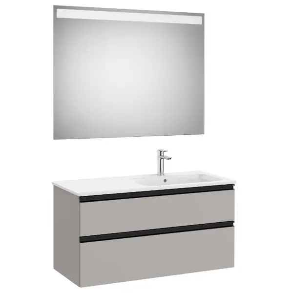 Pack meuble "The Gap" 1000 - 2 tiroirs + lavabo slim droite + miroir LED - gris moyen mat/poignées noires - Roca Prix Promo