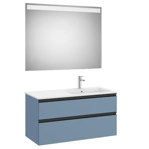 Nouvelle Collection Pack meuble "The Gap" 1000 - 2 tiroirs + lavabo slim droite + miroir LED - bleu mat/ poignées noires - Roca