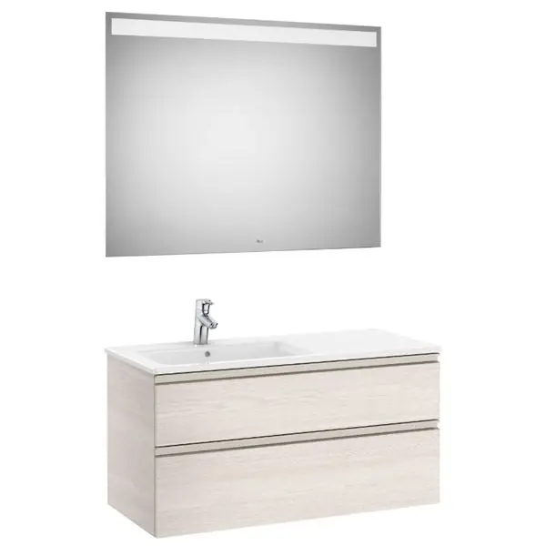 Bon Plan Pack meuble "The Gap" 1000 - 2 tiroirs + lavabo slim gauche + miroir LED - frêne nordic/poignées nickel mat - Roca