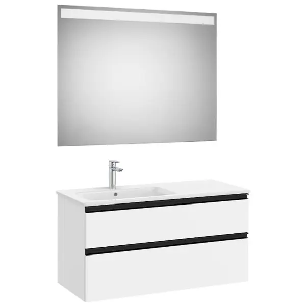 Pack meuble "The Gap" 1000 - 2 tiroirs + lavabo slim gauche + miroir LED - blanc mat/poignées noires - Roca Promotion