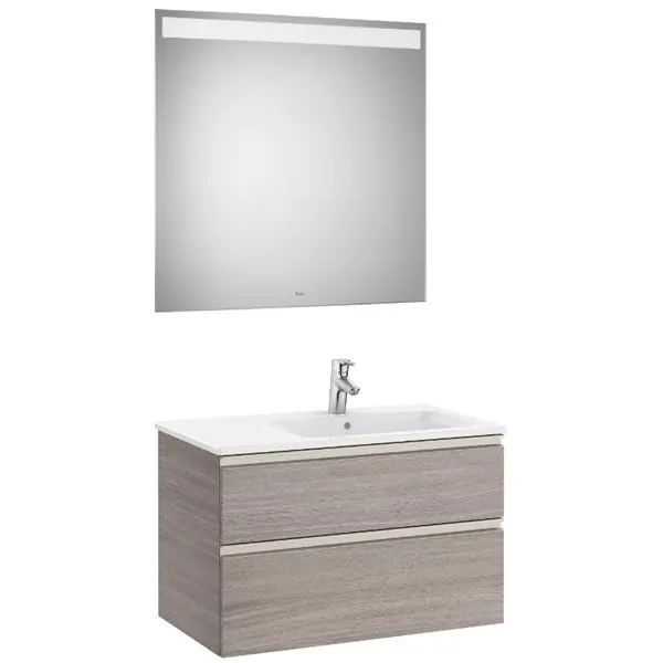 Pack meuble "The Gap" 800 - 2 tiroirs + lavabo slim droite + miroir LED - city oak/poignées nickel mat - Roca Soldes