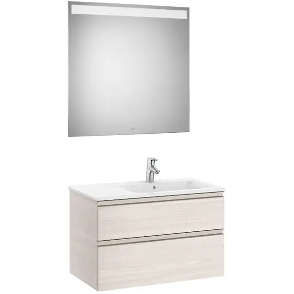 Dernière Chance Pack meuble "The Gap" 800 - 2 tiroirs + lavabo slim droite + miroir LED - frêne nordic/poignées nickel mat - Roca