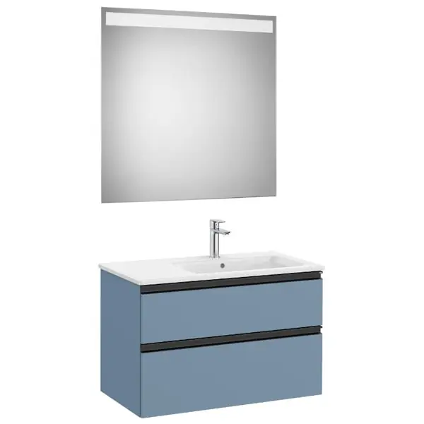 Pack meuble "The Gap" 800 - 2 tiroirs + lavabo slim droite + miroir LED- bleu mat/ poignées noires - Roca Bon Plan