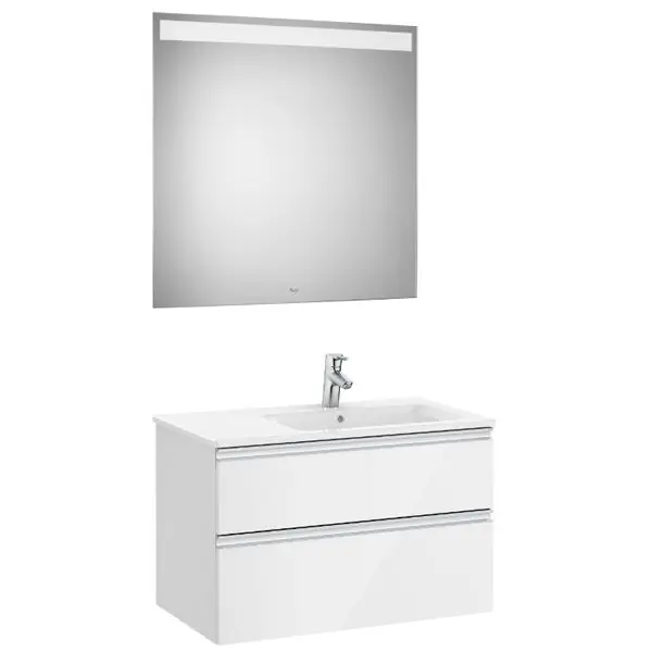 Usine Directe Pack meuble "The Gap" 800 - 2 tiroirs + lavabo slim droite + miroir LED - blanc brillant - Roca