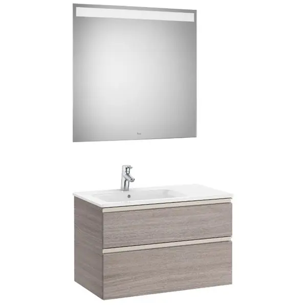Pack meuble "The Gap" 800 - 2 tiroirs + lavabo slim gauche + miroir LED - city oak/poignées nickel mat - Roca Promotion