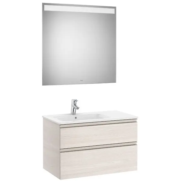 Pack meuble "The Gap" 800 - 2 tiroirs + lavabo slim gauche + miroir LED - frêne nordic/poignées nickel mat - Roca Marque