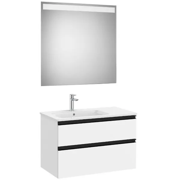 Jusqu'à Épuisement Des Stocks Pack meuble "The Gap" 800 - 2 tiroirs + lavabo slim gauche + miroir LED - blanc mat/poignées noires - Roca