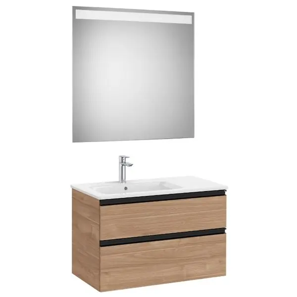 Achetez Aujourd'hui Pack meuble "The Gap" 800 - 2 tiroirs + lavabo slim gauche + miroir LED - noyer/poignées noires - Roca