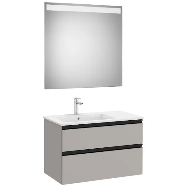 Prix Bas Pack meuble "The Gap" 800 - 2 tiroirs + lavabo slim gauche + miroir LED - gris moyen mat/poignées noires - Roca