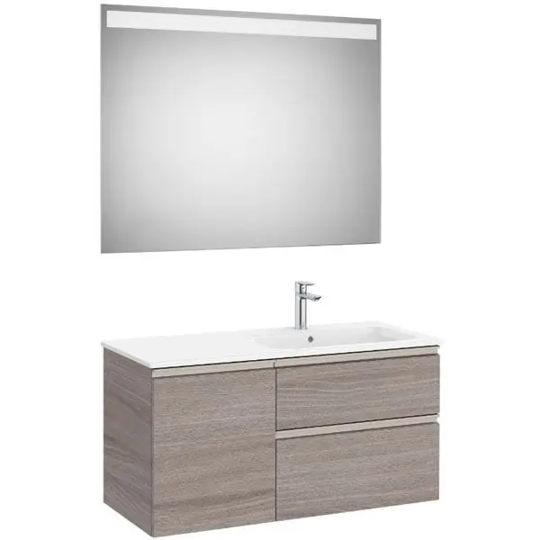 Marque Pack meuble "The Gap" 1000 - 2 tiroirs + 1 porte + lavabo à droite slim + miroir LED - city oak/poignées nickel mat - Roca