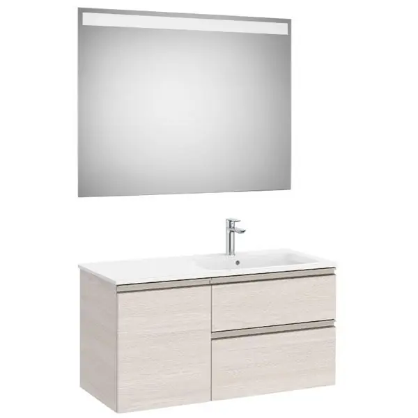 Certifié Pack meuble "The Gap" 1000 - 2 tiroirs +1 porte + lavabo à droite slim + miroir LED - frêne nordic/poignées nickel mat - Roca