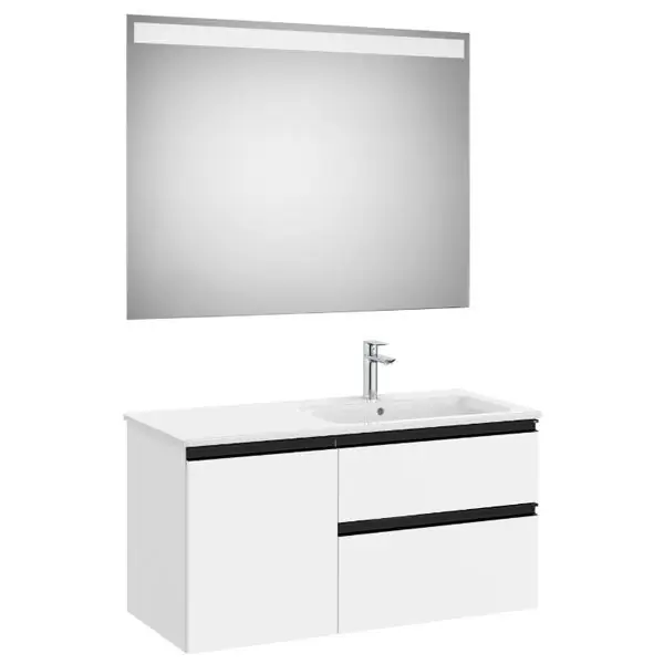 Soldes Pack meuble "The Gap" 1000 - 2 tiroirs + 1 porte + lavabo à droite slim + miroir LED - blanc mat/poignées noires - Roca