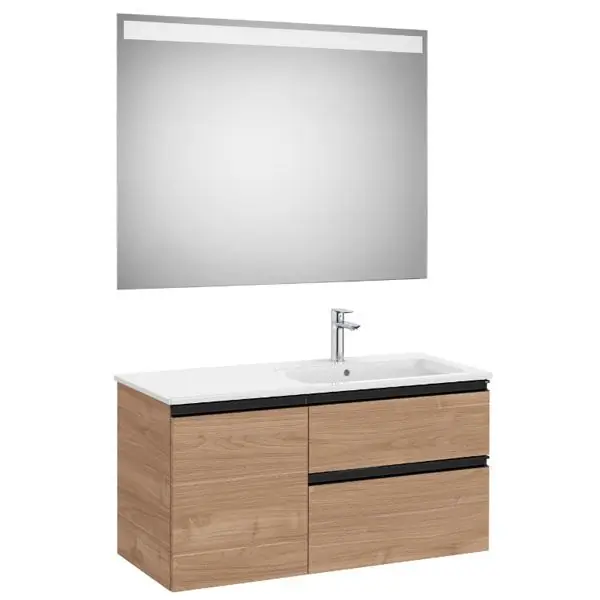 Pack meuble "The Gap" 1000 - 2 tiroirs + 1 porte + lavabo à droite slim + miroir LED - noyer/poignées noires - Roca Dernier Modèle