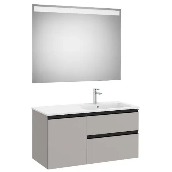 Pack meuble "The Gap" 1000 - 2 tiroirs + 1 porte + lavabo à droite slim + miroir LED - gris moyen mat/poignées noires - Roca Nouvelle Collection
