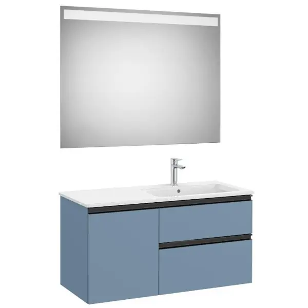Pack meuble "The Gap" 1000 - 2 tiroirs + 1 porte + lavabo à droite slim + miroir LED - bleu mat/ poignées noires - Roca Prix Choc