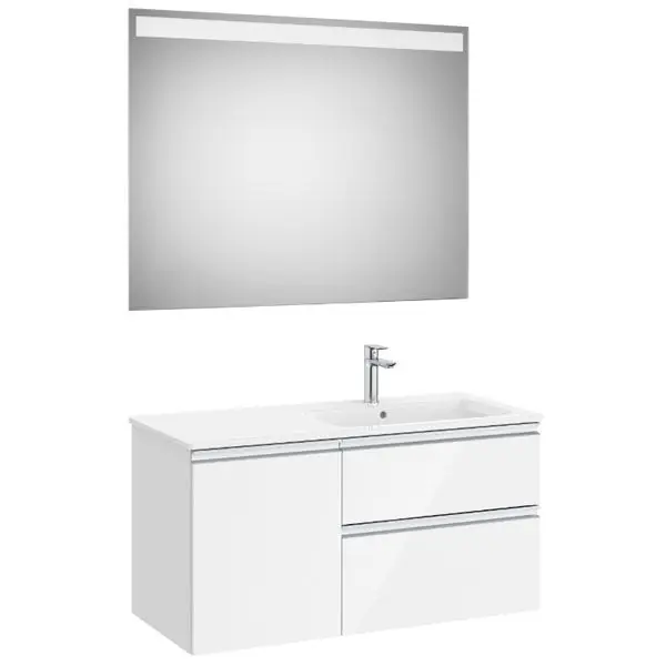 Dernière Chance Pack meuble "The Gap" 1000 - 2 tiroirs + 1 porte + lavabo à droite slim + miroir LED - blanc brillant/poignées alu brillantes - Roca