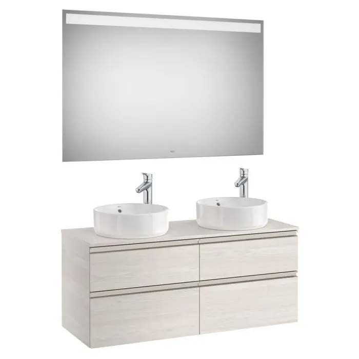 Expédié Aujourd'hui Pack meuble "The gap" 1200 pour 2 vasques à poser - 4 tiroirs + plan + miroir LED - frêne nordic/poignées nickel mat - Roca
