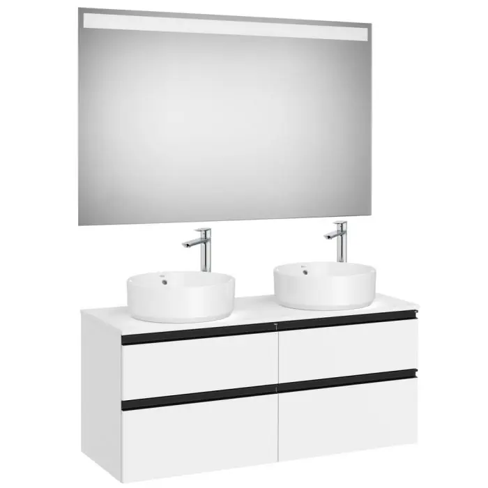 Promotion Saisonnière Pack meuble "The gap"1200 pour 2 vasques à poser - 4 tiroirs + plan + miroir LED - blanc mat/poignées noires - Roca