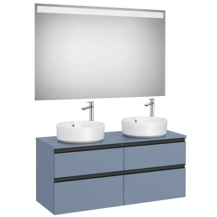 Pack meuble "The gap"1200 pour 2 vasques à poser - 4 tiroirs + plan + miroir LED - bleu mat/ poignées noires - Roca Acheter En Ligne