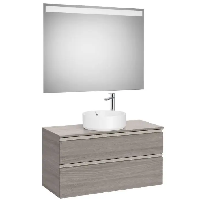Usine Directe Pack meuble "The gap"1000 pour vasque à poser - 2 tiroirs + plan + miroir LED - city oak/poignées nickel mat - Roca