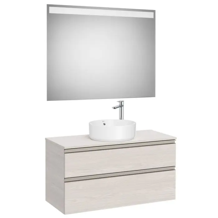Pack meuble "The gap" 1000 pour vasque à poser- 2 tiroirs + plan + miroir LED - frêne nordic/poignées nickel mat - Roca Retour Gratuit