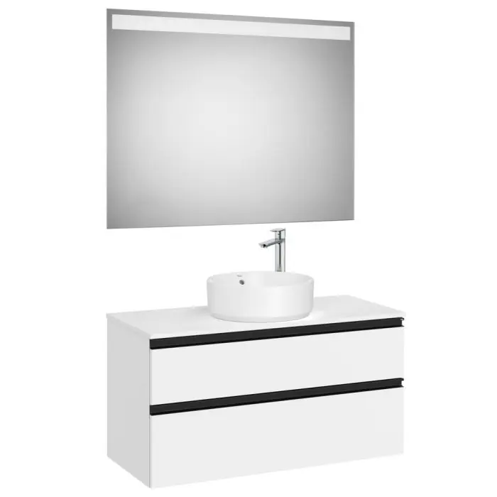 Meilleur Prix Pack meuble "The gap" 1000 pour vasque à poser - 2 tiroirs + plan + miroir LED - blanc mat/poignées noires - Roca