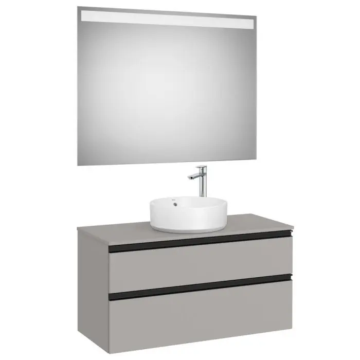 Offre Spéciale Pack meuble "The gap" 1000 pour vasque à poser - 2 tiroirs + plan + miroir LED - gris moyen mat/poignées noires - Roca