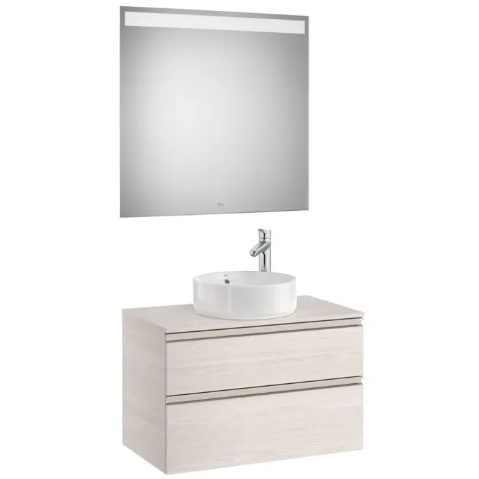 Pack meuble "The gap" 800 pour vasque à poser - 2 tiroirs + plan + miroir LED - frêne nordic/poignées nickel mat - Roca Offre Spéciale