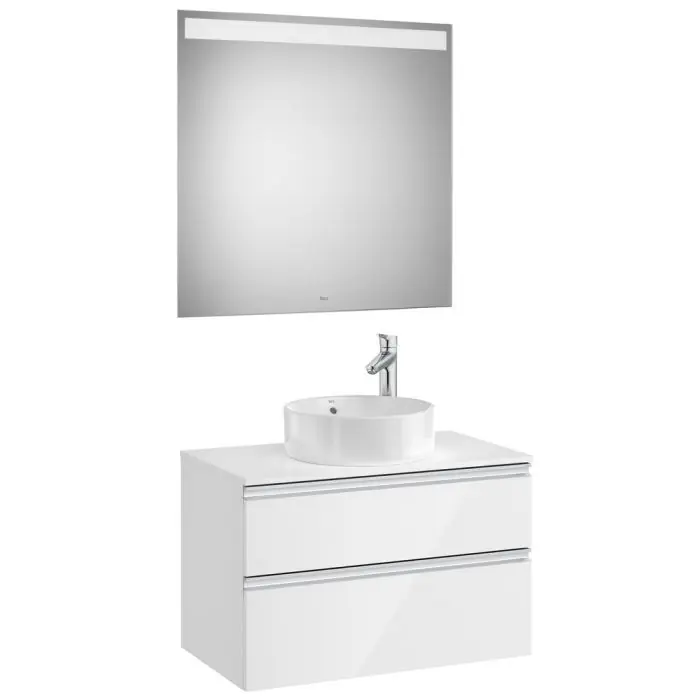 Populaire Pack meuble "The gap" 800 - pour vasque à poser - 2 tiroirs + plan + miroir LED - blanc brillant/poignées alu brillantes - Roca