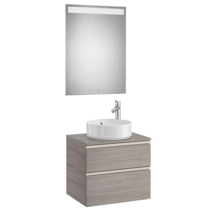 Nouveauté Pack meuble "The gap" 600 - pour vasque à poser - 2 tiroirs + plan + miroir LED - city oak/poignées nickel mat - Roca