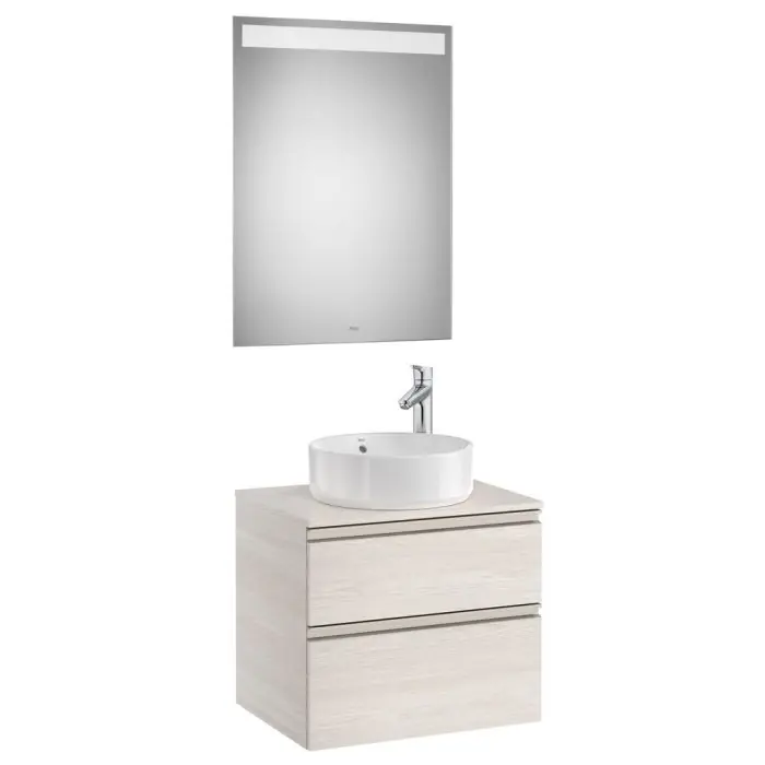 Pack meuble "The gap" 600 pour vasque à poser- 2 tiroirs + plan + miroir LED - frêne nordic/poignées nickel mat - Roca Achetez Aujourd'hui